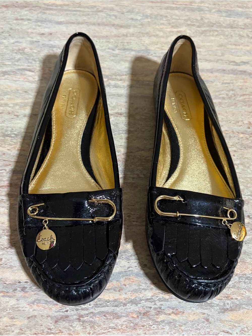 Coach Johana Black Fringe Flat Shoes with Gold Hardware